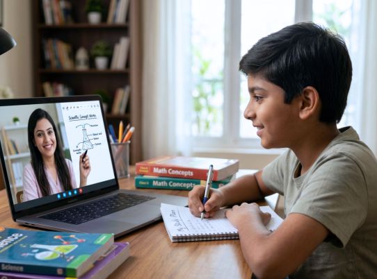 Student attending a personalized one-to-one online tutoring session to improve concept understanding, complete homework, and prepare for exams