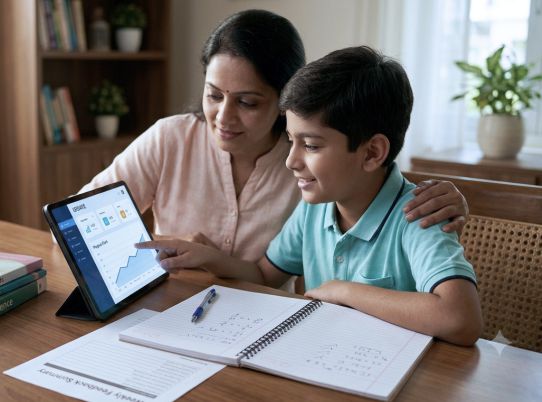 Parent reviewing a child's learning progress while the student completes daily practice as part of personalized online tutoring