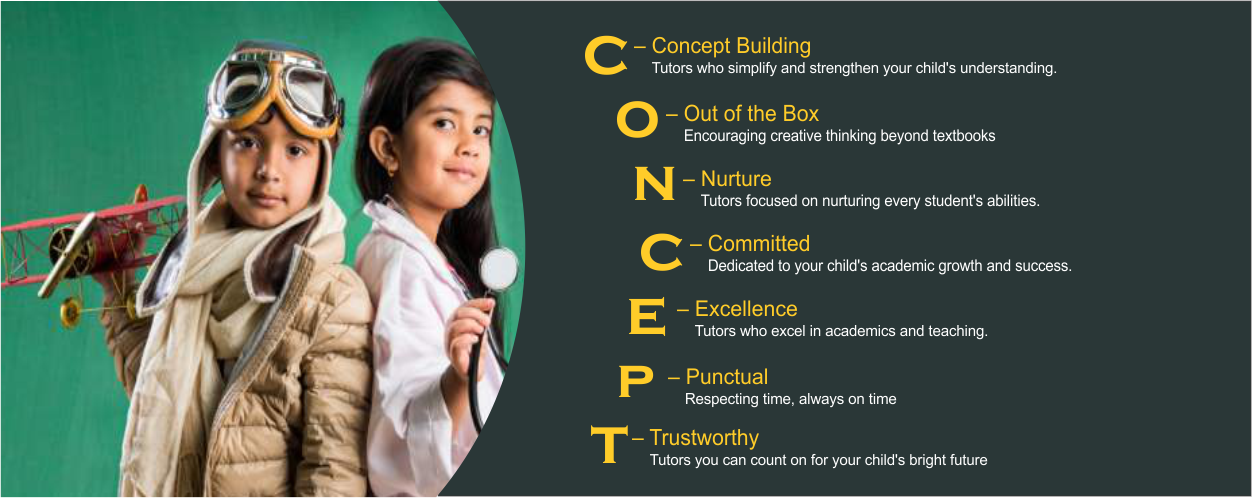 Banner containing the breakdown of the word CONCEPT showcasing the values of Concept Tutor with two young girls in doctor and pilot uniform symbolizing the best home tuition agency in delhi and ncr.