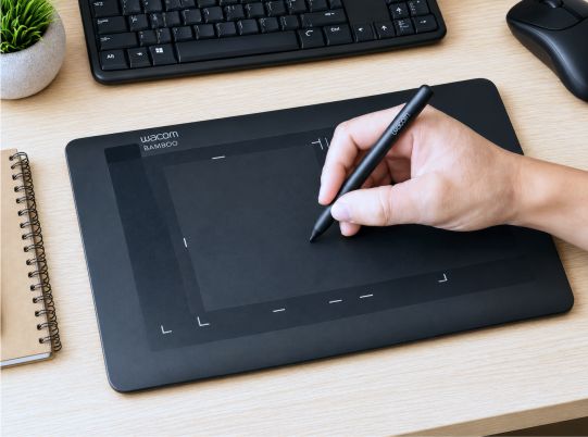 Teacher using a writing tablet and stylus pen to explain math and science concepts during a live online tutoring session