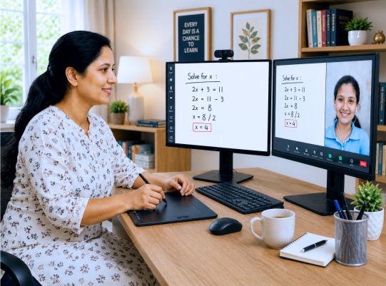 A lady tutor taking live online classes at home symbolizing best online tutor in entire India.