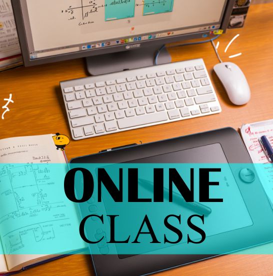 Large size image of an online class setup on table with desktop, writing pen tab, keyboard, mouse inFaridabad